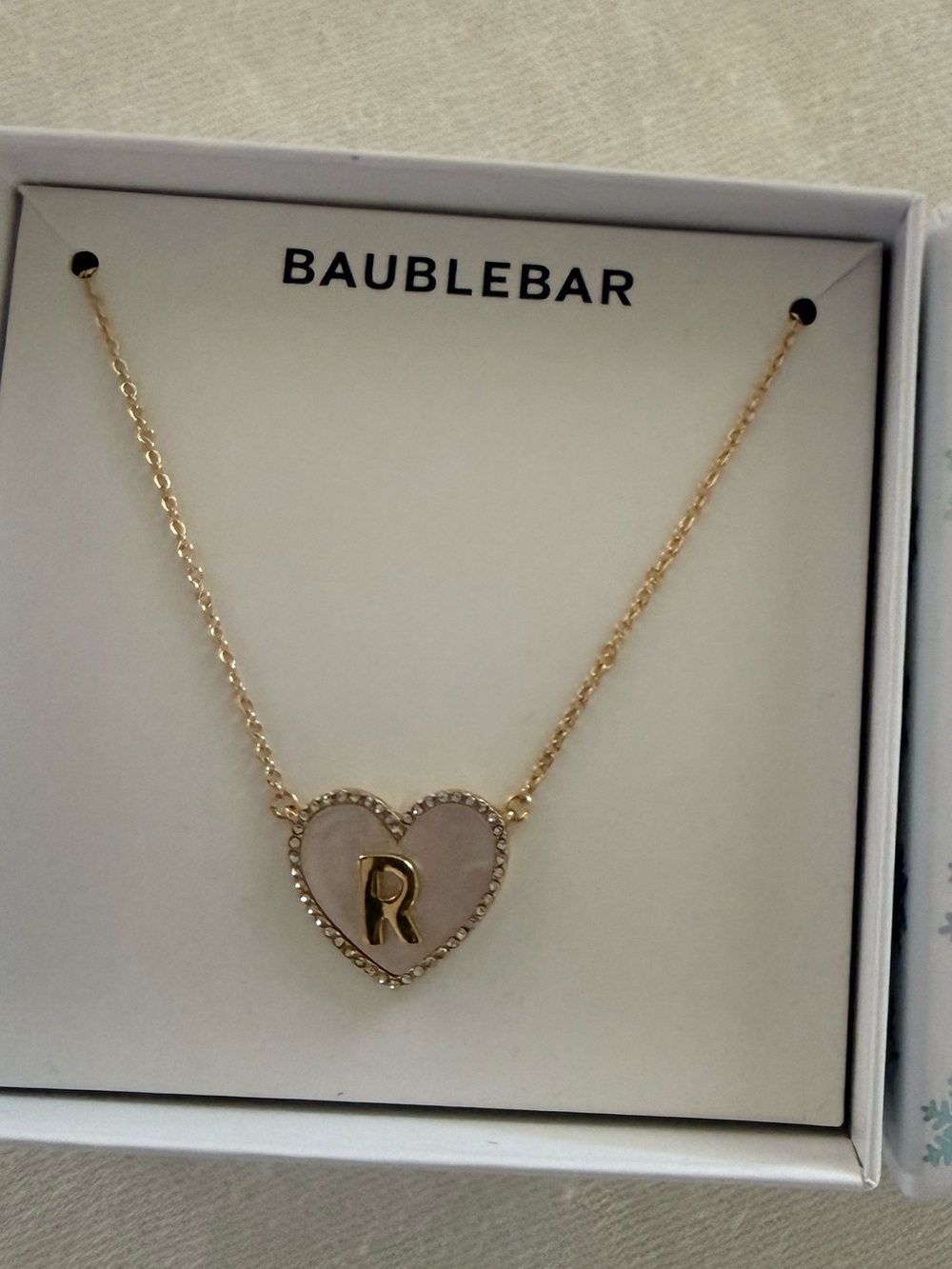 BaubleBar Gold Heart Necklace with Pink Enamel and 'R' Initial